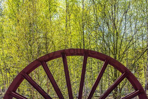 Das Doppelbock-Fördergerüst von Zollverein Schacht XII ist durch vier Seilscheiben gekennzeichnet. Jedes der Seile zog zwei Förderkörbe: ein Korb bewegte sich nach oben, während der zweite auf dem Weg nach unter Tage war. Die Seilscheiben drehten das aus dem Schacht kommende Seil über die Treibscheiben der Fördermaschinen, die für den Antrieb der Körbe sorgten. Eine in zwei Hälften geteilte Seilscheibe steht im ZOLLVEREIN(R) Park.